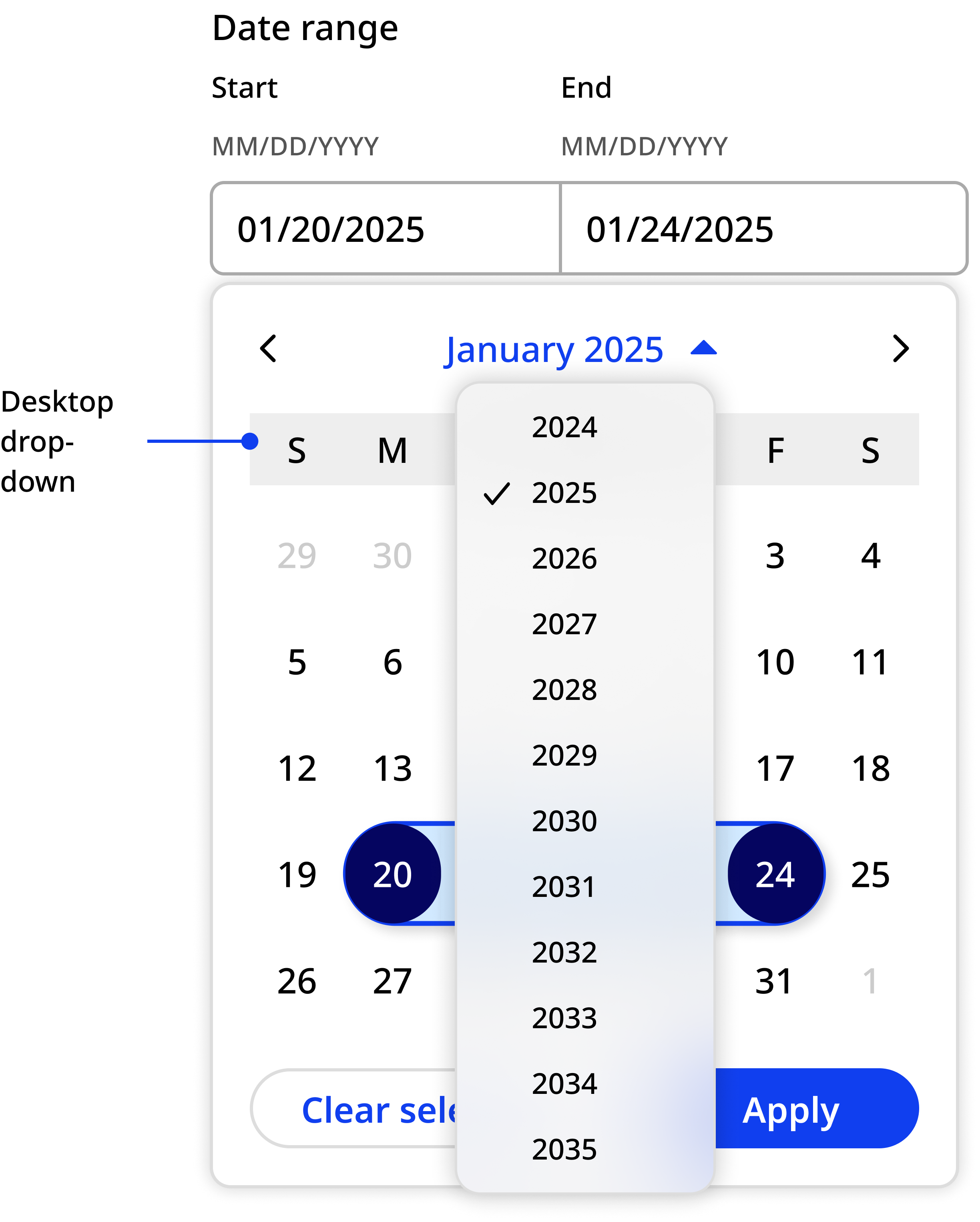 Desktop view of date range with Year drop down expanded